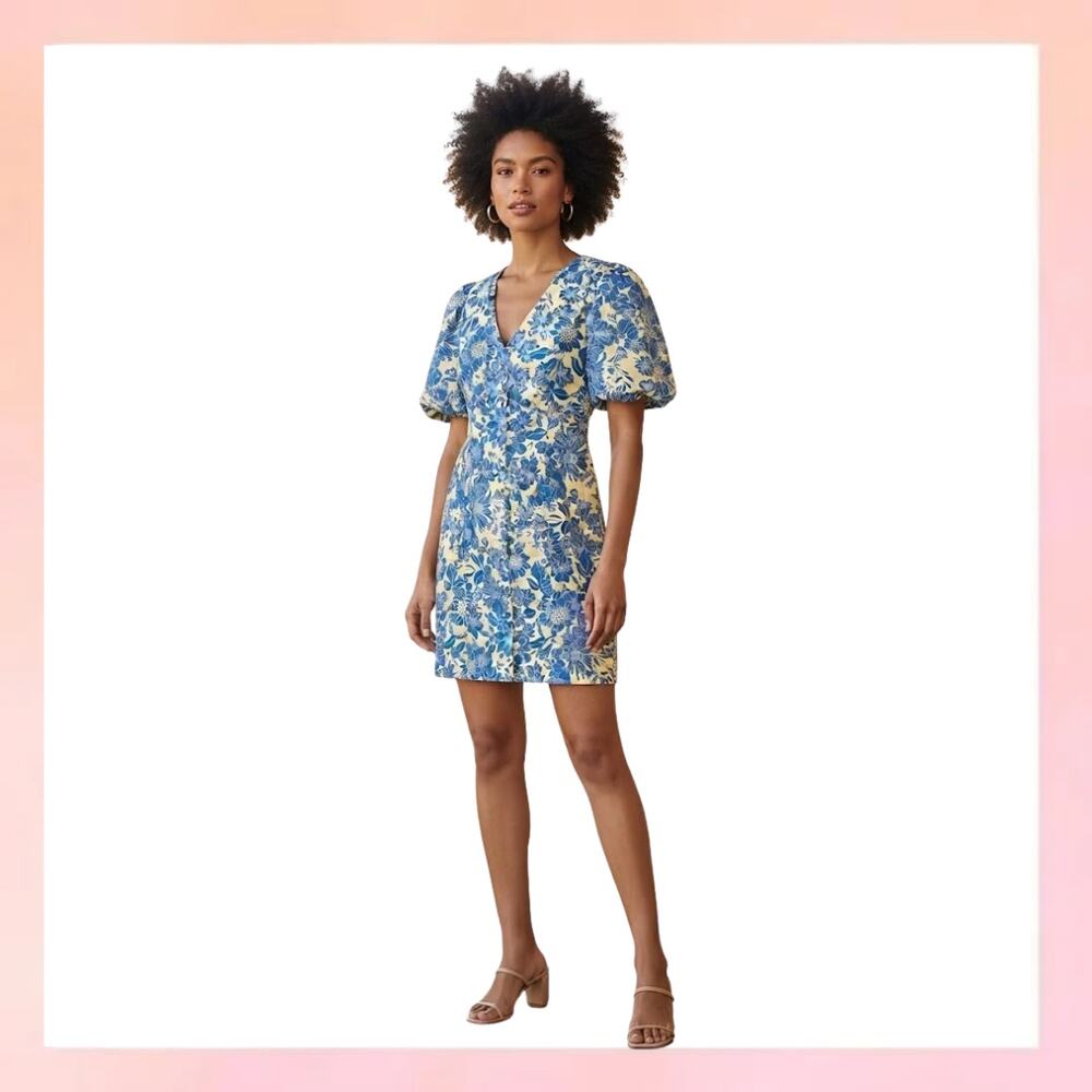 NWT J.Crew Blue Yellow Floral Print Puff Sleeve Button Front Mini Dress 4